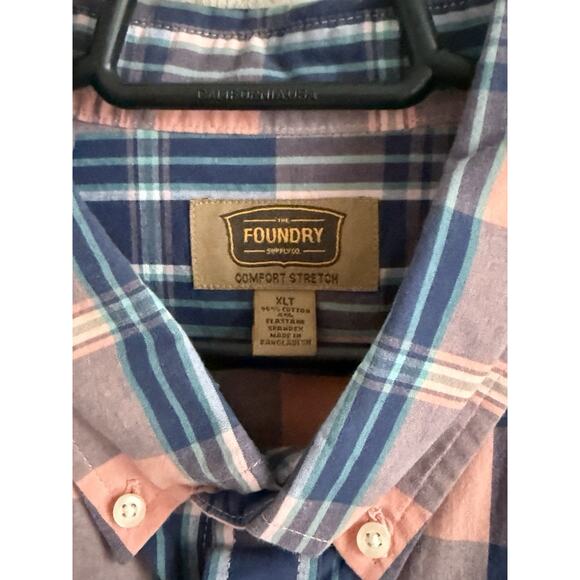 Foundry Button Down Shirt Mens Sz XLT Tall Pink Blue‎ Plaid Short Sleeve Cotton - Picture 5 of 7